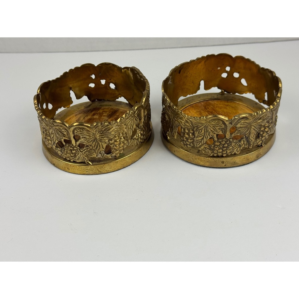 Vintage Brass Wine Bottle Coasters Set of 2 Grape Vine Leaf Motif Made in India - Picture 3 of 9